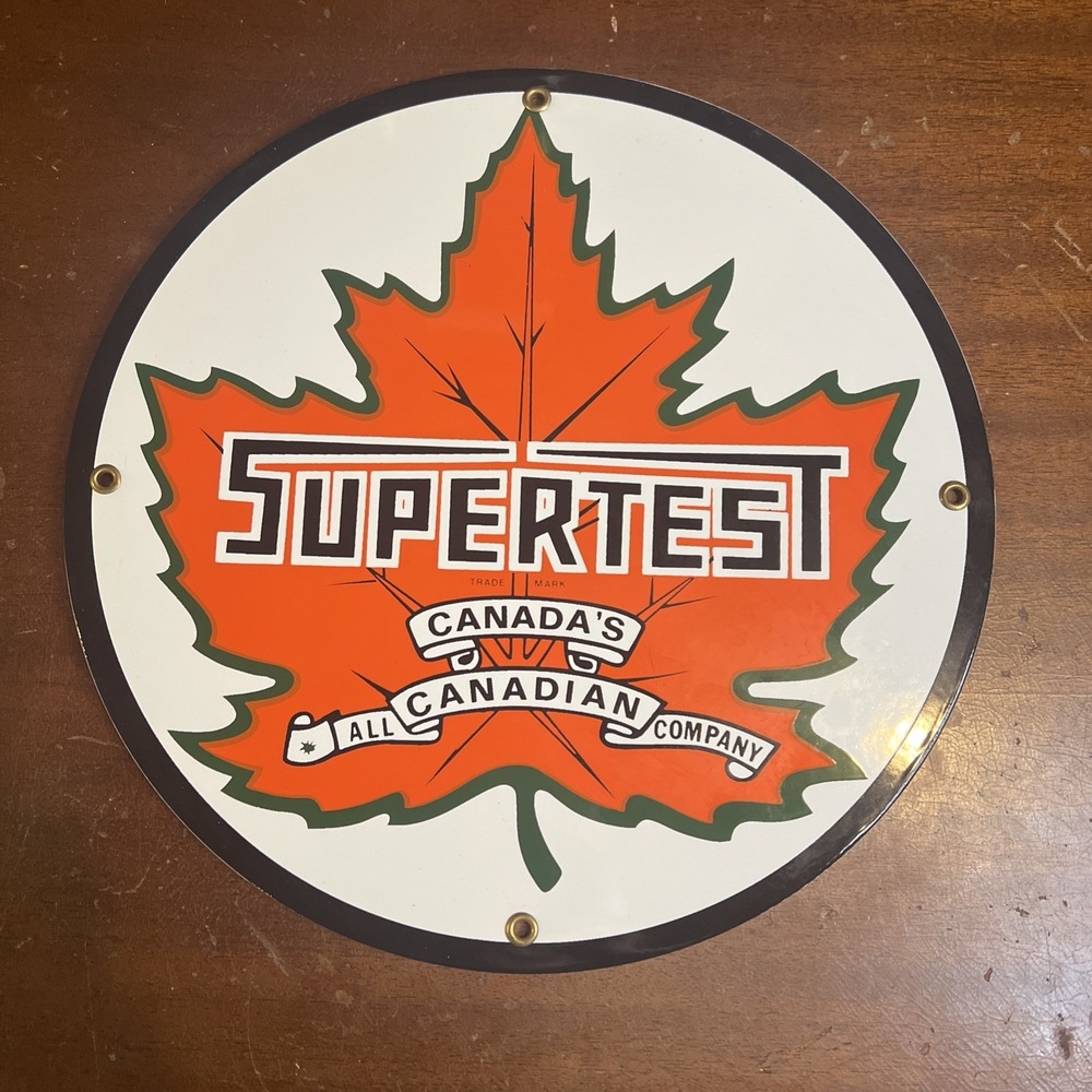 Vintage Supertest Maple Leaf Canadian Gasoline PorcelainSign 11 3/4 In